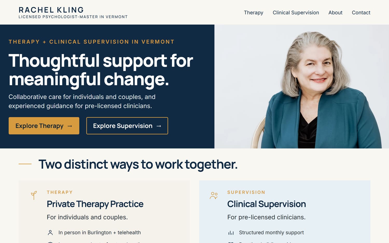 Homepage of Rachel Kling, a health / wellness website in Burlington, VT built by LocalForge